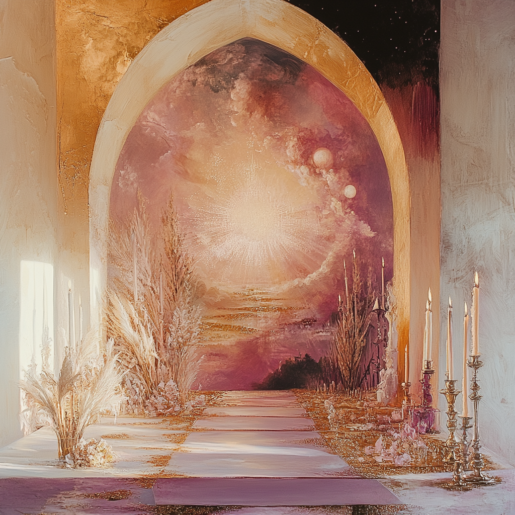A serene spiritual sanctuary for painters, bathed in warm natural light