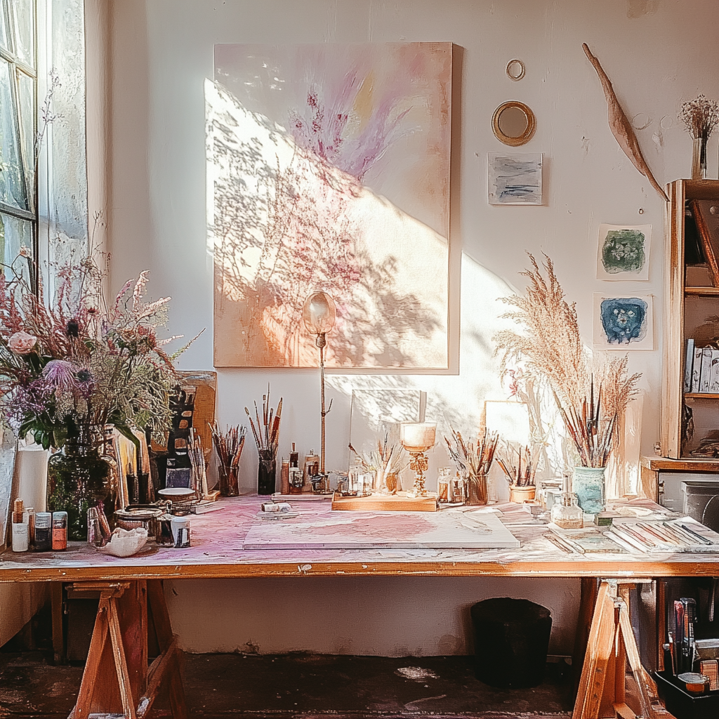 A sunlit art studio with a wooden table of brushes, paints, dried flowers, and an abstract canvas on the wall