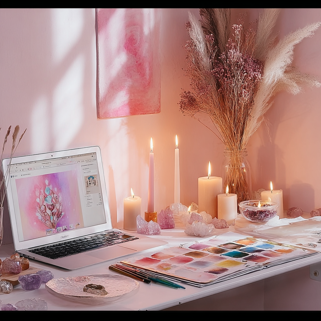 A laptop showing an intuitive watercolor painting on a sunlit desk with candles, crystals, and a watercolor palette