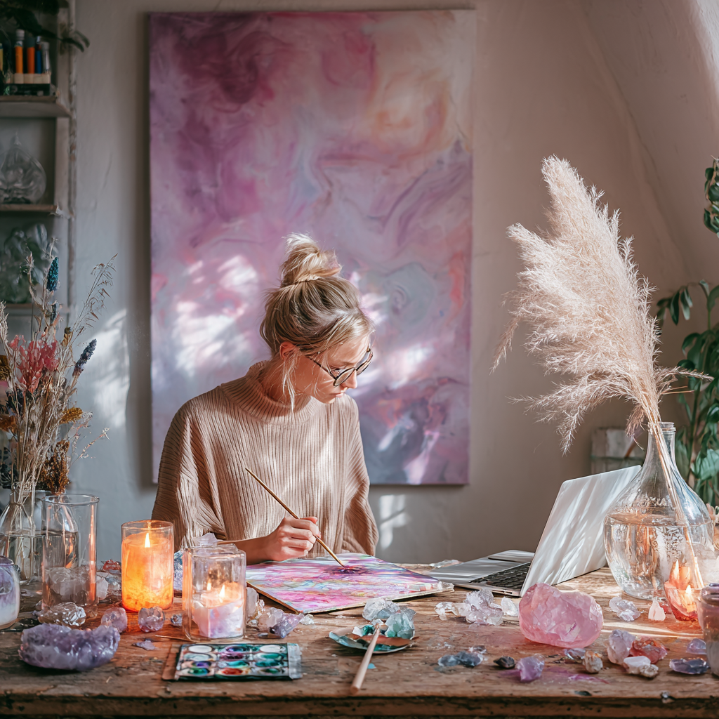 A woman painting a vibrant watercolor at a sunlit table with a laptop, candles, and crystals